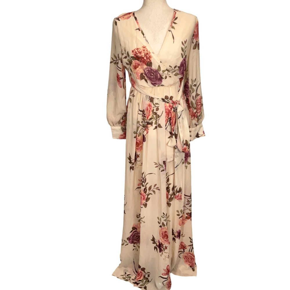 Baltic Born Lydia Dress Womens Small Cream Floral Maxi Romantic Sheer Wrap